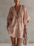 24-Hour-Shipping Pink Cotton Linen Mini Dress With Vintage Floral Embroidery
