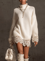 24-Hour-Shipping White Turtleneck Knit Mini Dress With Lace Trim