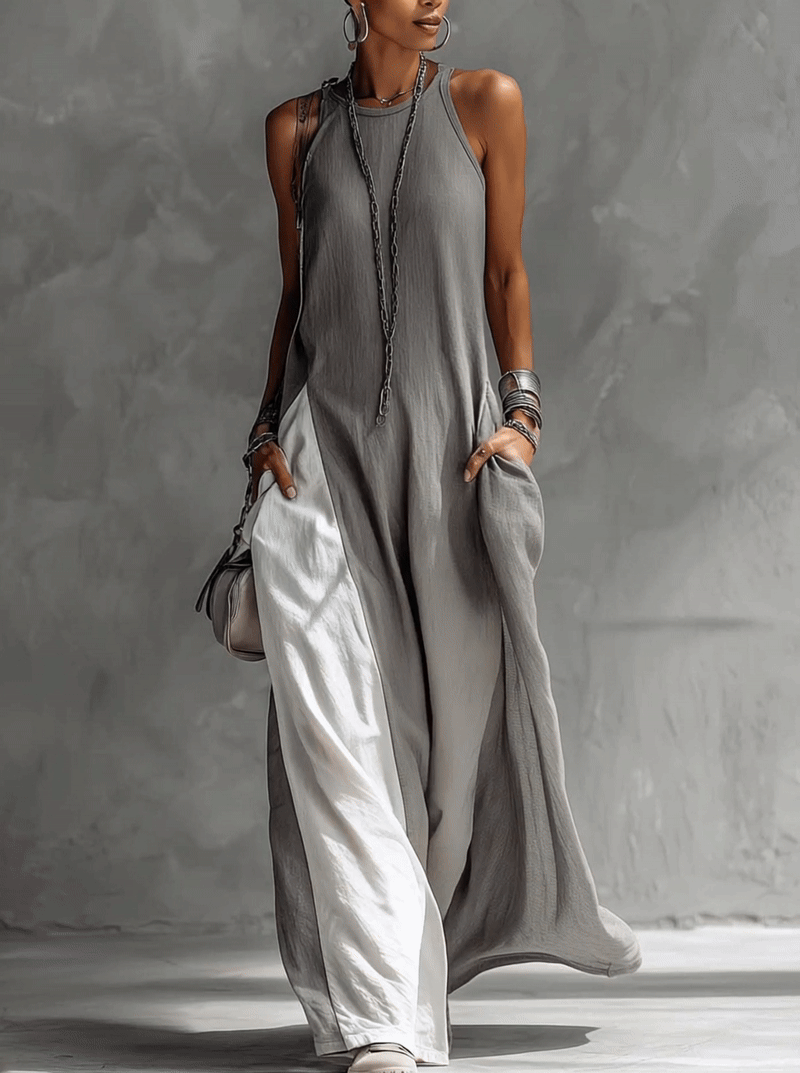 24-Hour-Shipping Color Block Gray Sleeveless Cotton Linen Maxi Dress