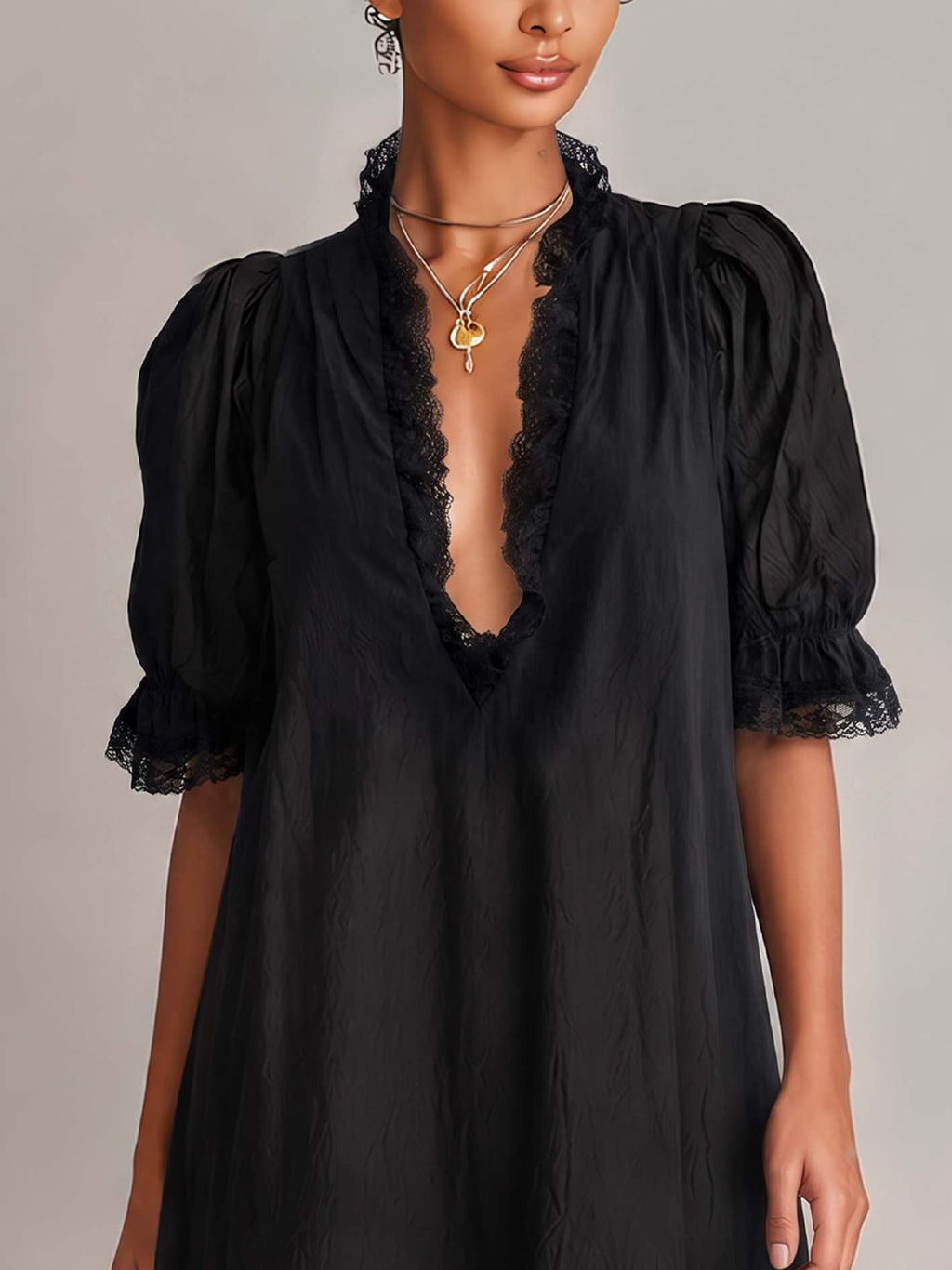 Black Textured Lace Trim Irregular Hem Puff Sleeve Mini Dress