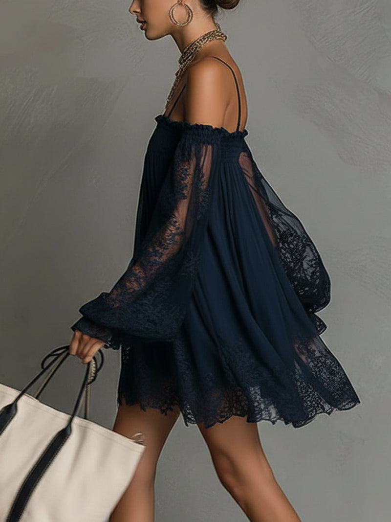 24-Hour-Shipping Navy Off-Shoulder Lace Trim Chiffon Mini Dress With Sheer Sleeves