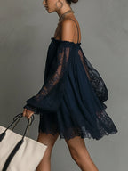 24-Hour-Shipping Navy Off-Shoulder Lace Trim Chiffon Mini Dress With Sheer Sleeves