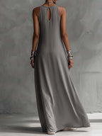 24-Hour-Shipping Color Block Gray Sleeveless Cotton Linen Maxi Dress