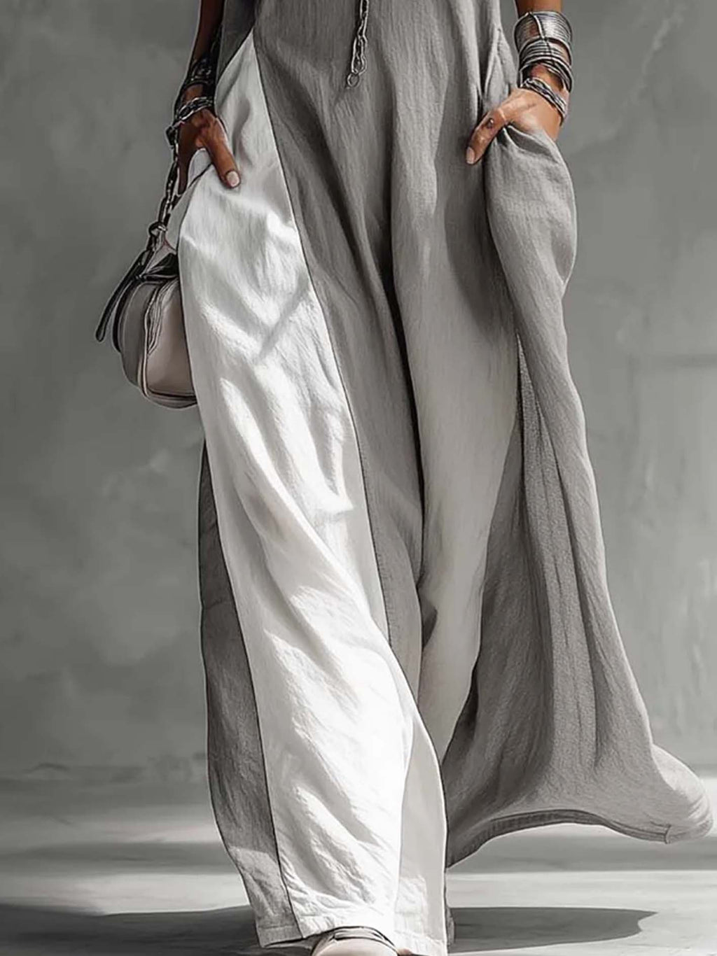 24-Hour-Shipping Color Block Gray Sleeveless Cotton Linen Maxi Dress