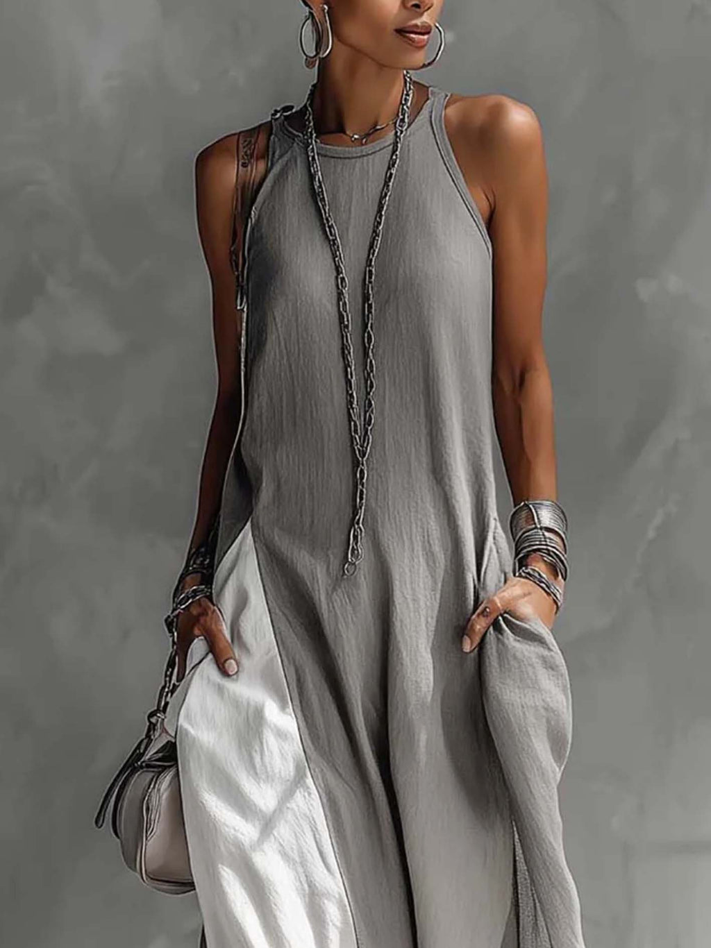 24-Hour-Shipping Color Block Gray Sleeveless Cotton Linen Maxi Dress