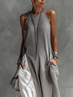 24-Hour-Shipping Color Block Gray Sleeveless Cotton Linen Maxi Dress