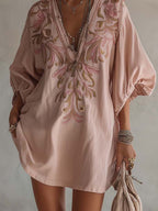 24-Hour-Shipping Pink Cotton Linen Mini Dress With Vintage Floral Embroidery