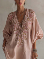 24-Hour-Shipping Pink Cotton Linen Mini Dress With Vintage Floral Embroidery