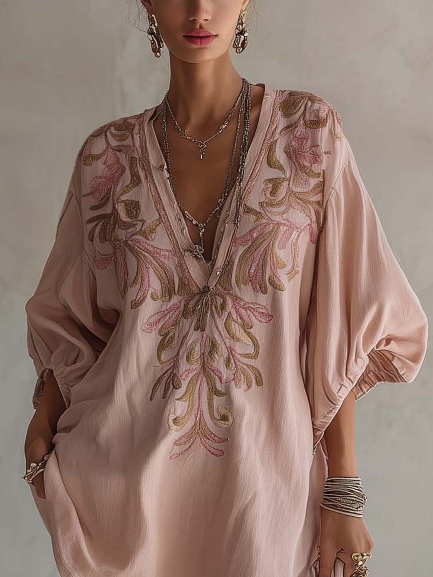 24-Hour-Shipping Pink Cotton Linen Mini Dress With Vintage Floral Embroidery