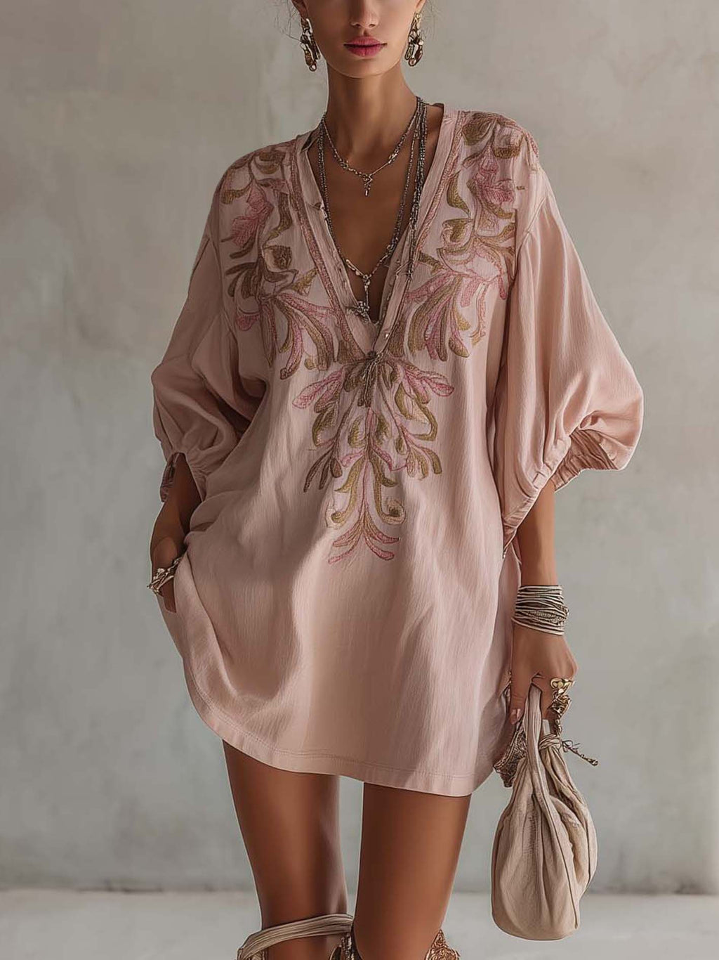 24-Hour-Shipping Pink Cotton Linen Mini Dress With Vintage Floral Embroidery