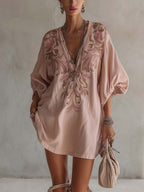 24-Hour-Shipping Pink Cotton Linen Mini Dress With Vintage Floral Embroidery