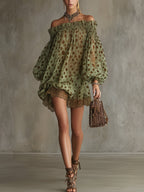 24-Hour-Shipping Olive Polka Dot Off-Shoulder Sheer Balloon-Sleeve Lace Hem Mini Dress