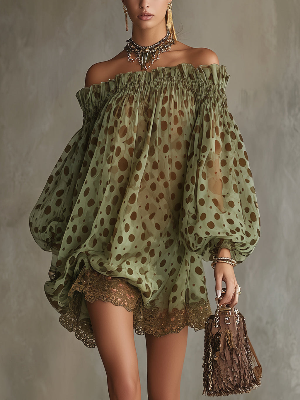 24-Hour-Shipping Olive Polka Dot Off-Shoulder Sheer Balloon-Sleeve Lace Hem Mini Dress
