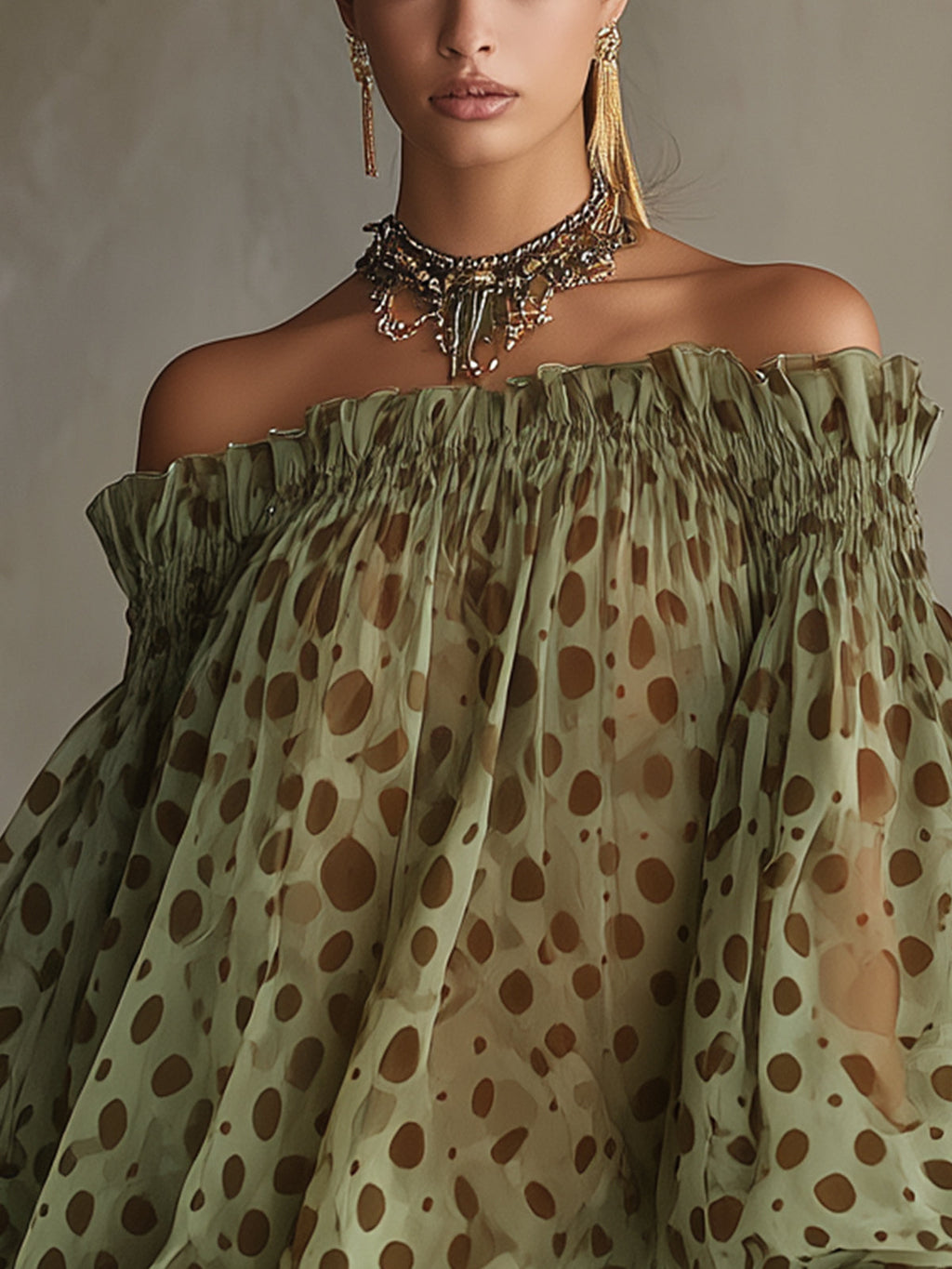 24-Hour-Shipping Olive Polka Dot Off-Shoulder Sheer Balloon-Sleeve Lace Hem Mini Dress