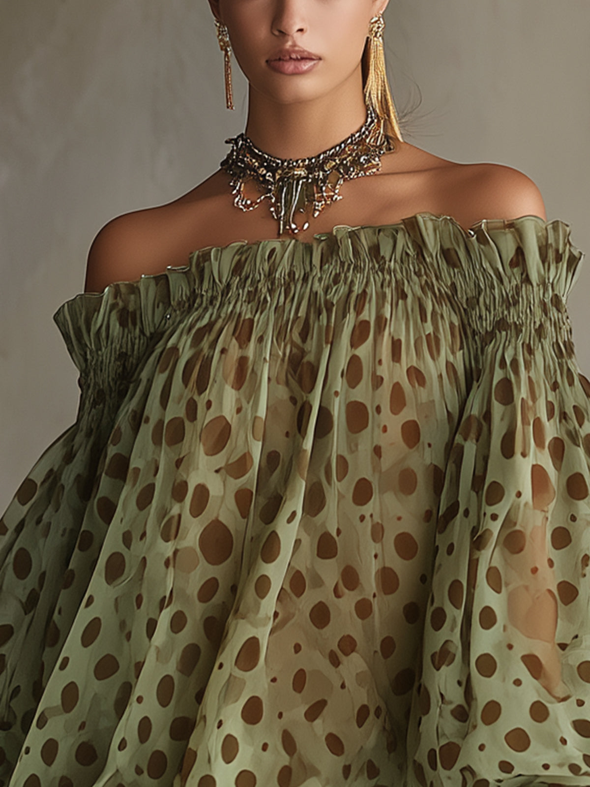 24-Hour-Shipping Olive Polka Dot Off-Shoulder Sheer Balloon-Sleeve Lace Hem Mini Dress