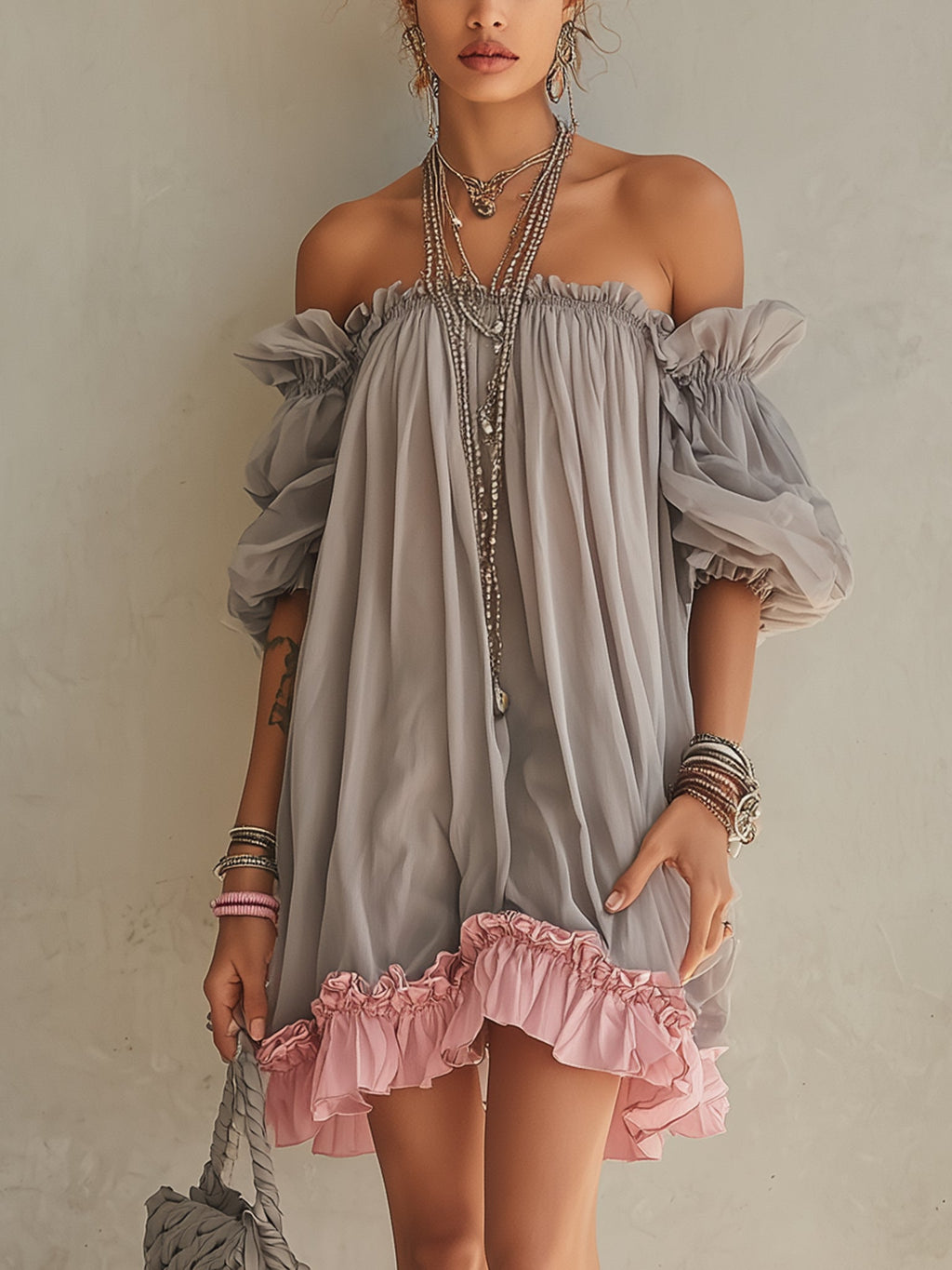 24-Hour-Shipping Gray Chiffon Off Shoulder Mini Dress With Pink Hem