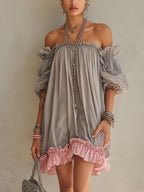 24-Hour-Shipping Gray Chiffon Off Shoulder Mini Dress With Pink Hem