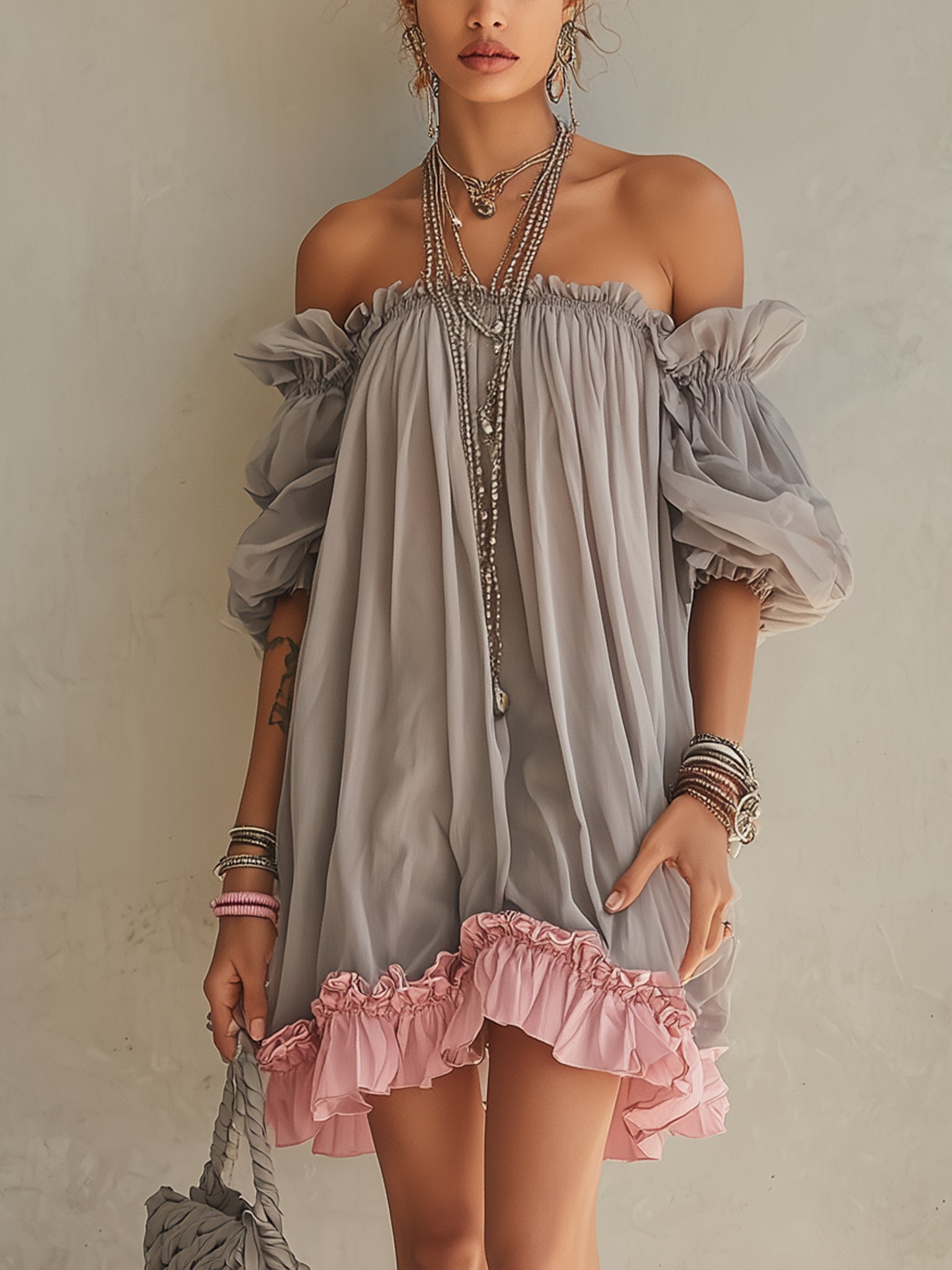 24-Hour-Shipping Gray Chiffon Off Shoulder Mini Dress With Pink Hem