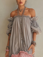 24-Hour-Shipping Gray Chiffon Off Shoulder Mini Dress With Pink Hem