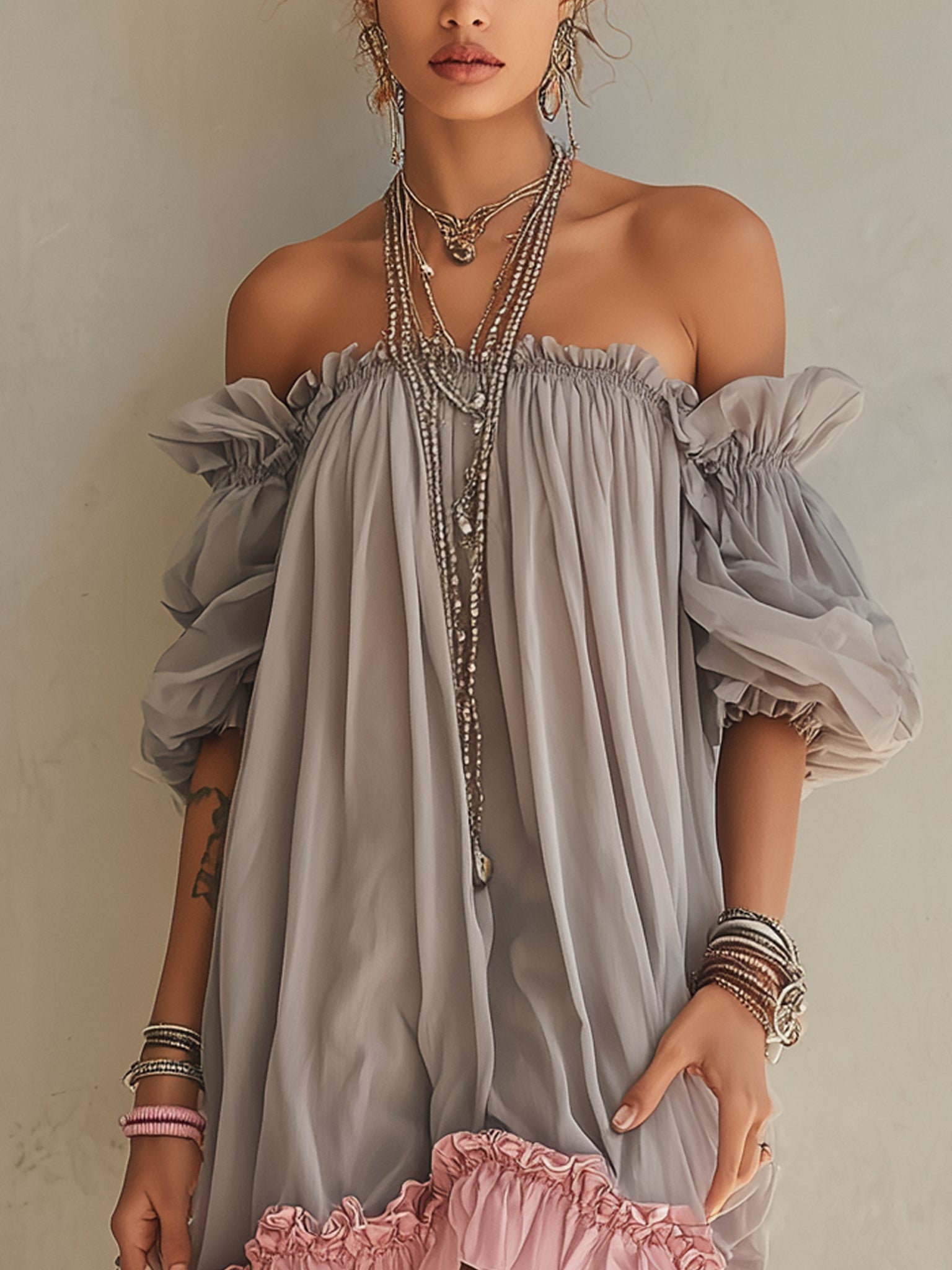 24-Hour-Shipping Gray Chiffon Off Shoulder Mini Dress With Pink Hem