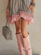 24-Hour-Shipping Gray Chiffon Off Shoulder Mini Dress With Pink Hem