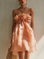 24-Hour-Shipping Blush Pink 3D Floral Cotton Mini Dress