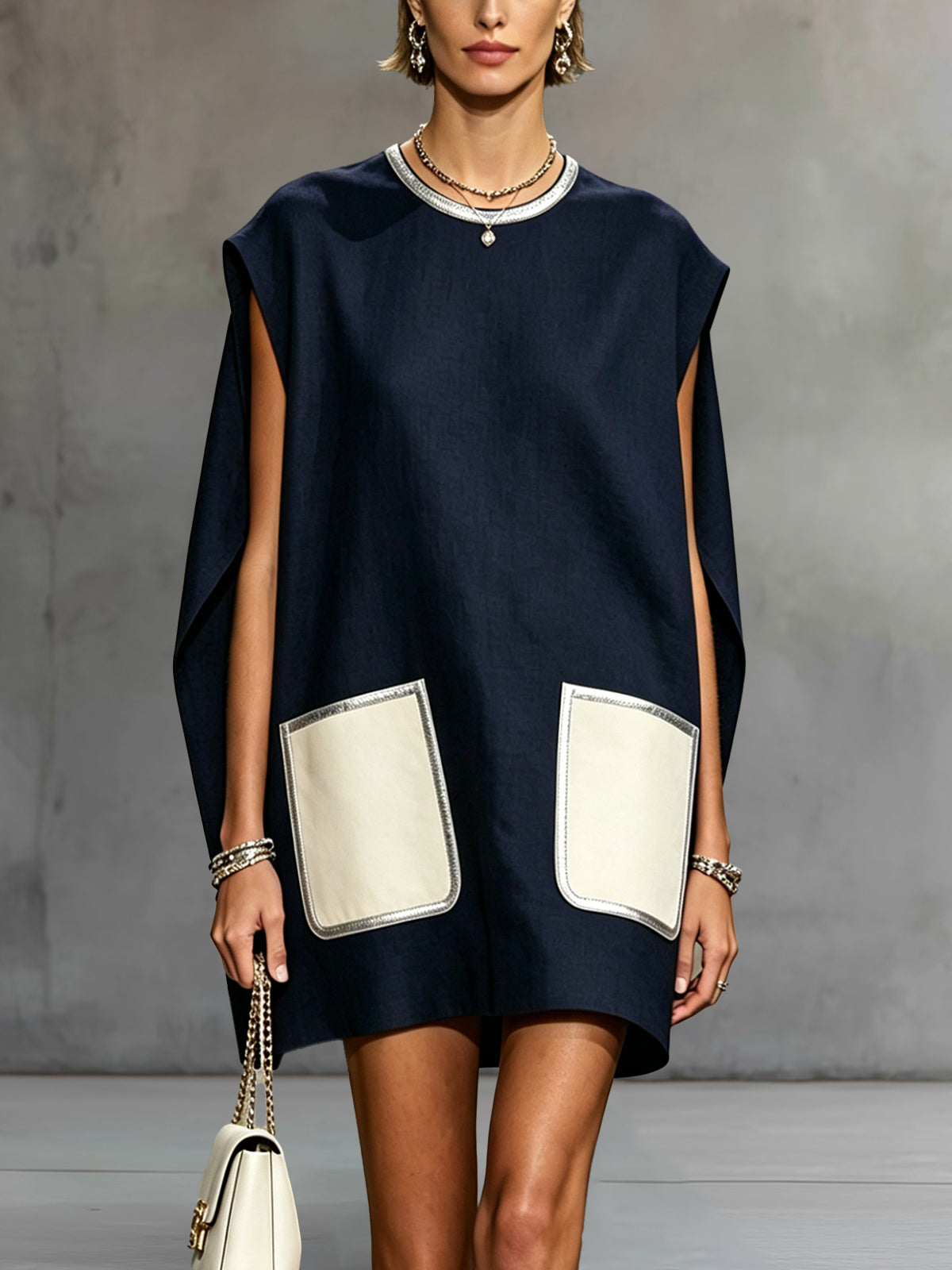 24-Hour-Shipping Navy Sleeveless Mini Dress With Contrast Patch Pockets
