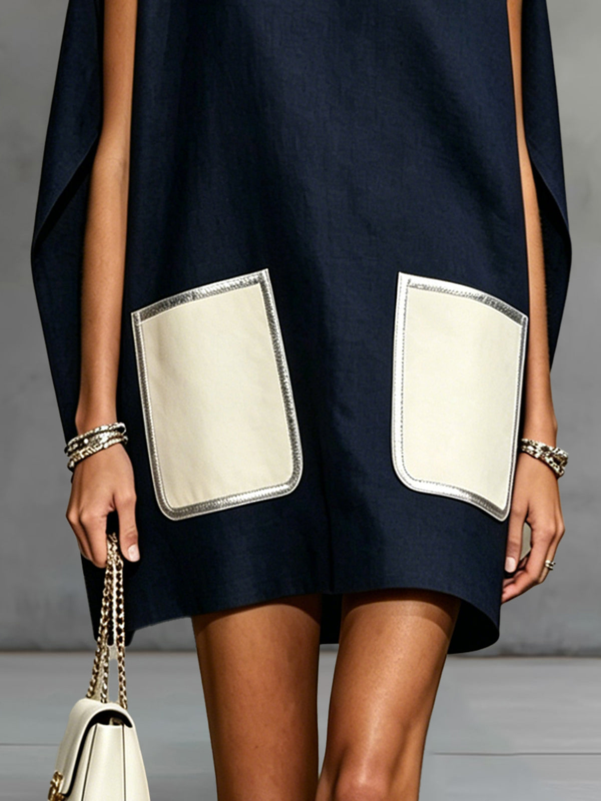 24-Hour-Shipping Navy Sleeveless Mini Dress With Contrast Patch Pockets