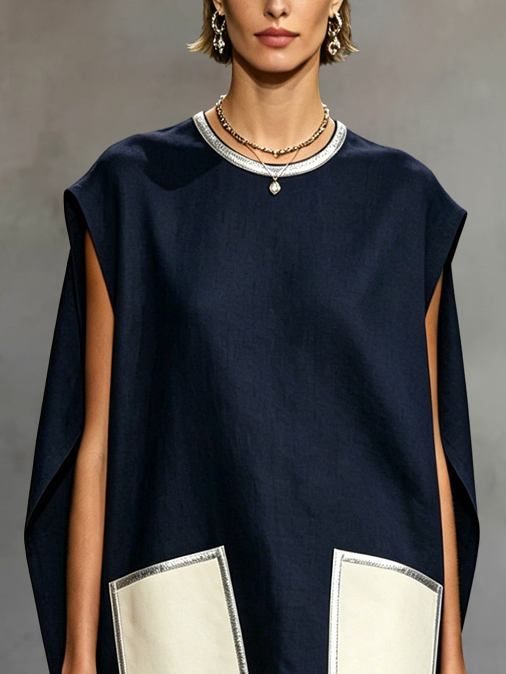 24-Hour-Shipping Navy Sleeveless Mini Dress With Contrast Patch Pockets
