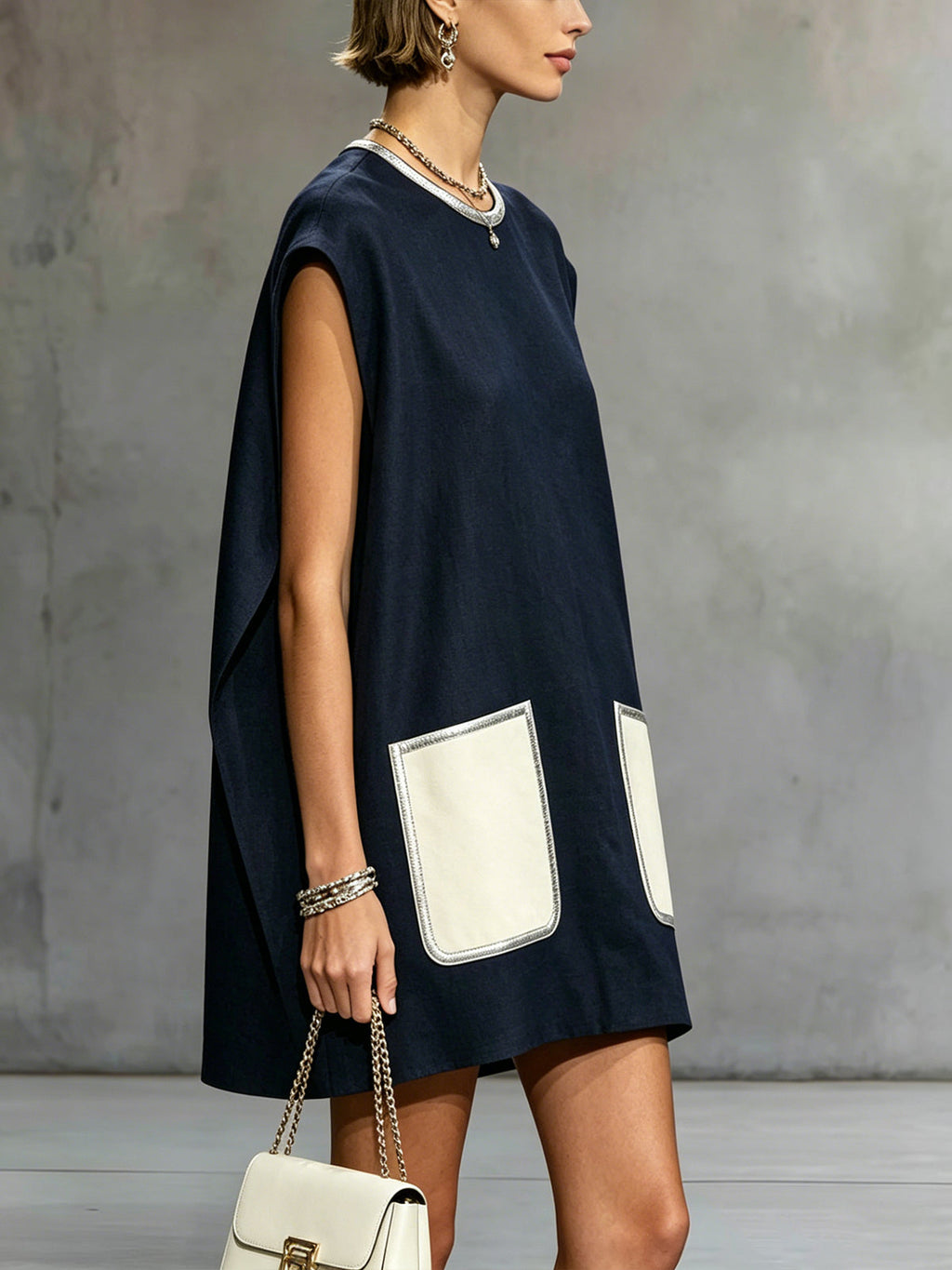 24-Hour-Shipping Navy Sleeveless Mini Dress With Contrast Patch Pockets