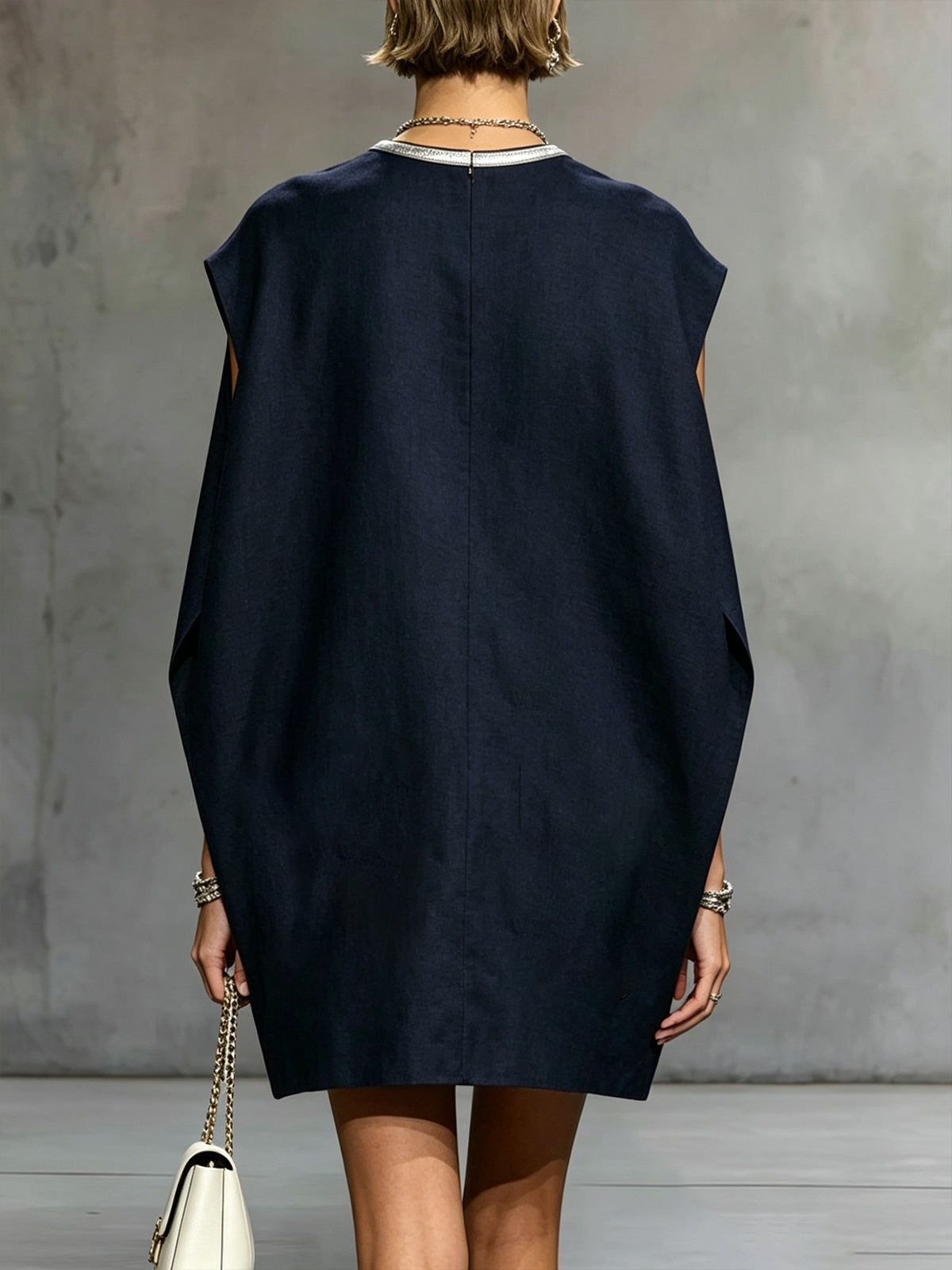 24-Hour-Shipping Navy Sleeveless Mini Dress With Contrast Patch Pockets