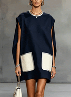 24-Hour-Shipping Navy Sleeveless Mini Dress With Contrast Patch Pockets