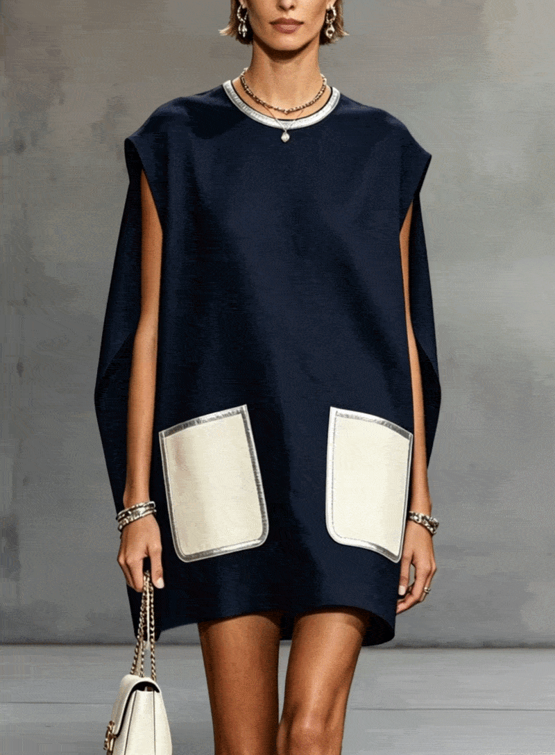 24-Hour-Shipping Navy Sleeveless Mini Dress With Contrast Patch Pockets