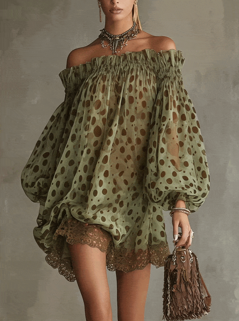 24-Hour-Shipping Olive Polka Dot Off-Shoulder Sheer Balloon-Sleeve Lace Hem Mini Dress