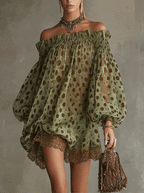 24-Hour-Shipping Olive Polka Dot Off-Shoulder Sheer Balloon-Sleeve Lace Hem Mini Dress