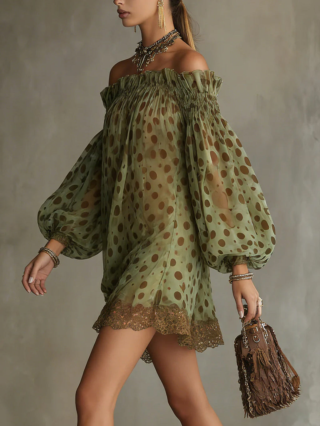 24-Hour-Shipping Olive Polka Dot Off-Shoulder Sheer Balloon-Sleeve Lace Hem Mini Dress