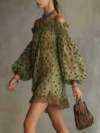 24-Hour-Shipping Olive Polka Dot Off-Shoulder Sheer Balloon-Sleeve Lace Hem Mini Dress