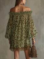 24-Hour-Shipping Olive Polka Dot Off-Shoulder Sheer Balloon-Sleeve Lace Hem Mini Dress