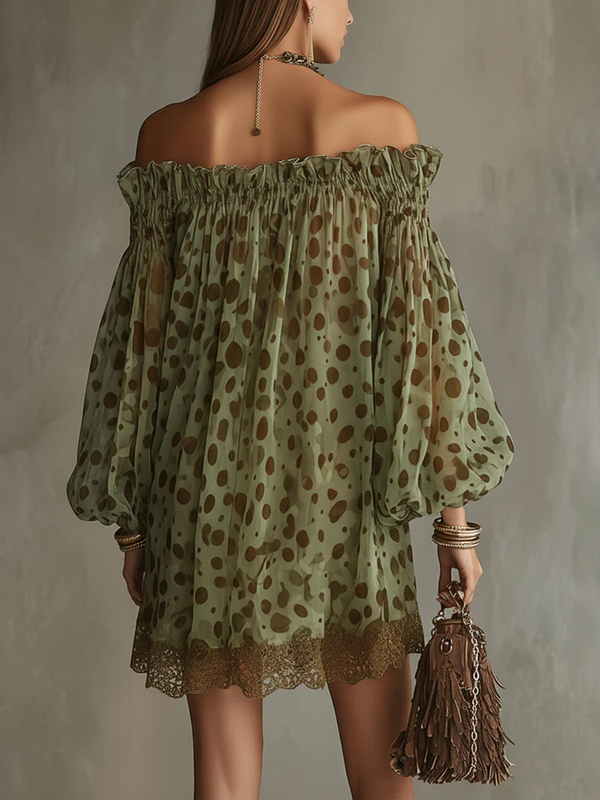 24-Hour-Shipping Olive Polka Dot Off-Shoulder Sheer Balloon-Sleeve Lace Hem Mini Dress