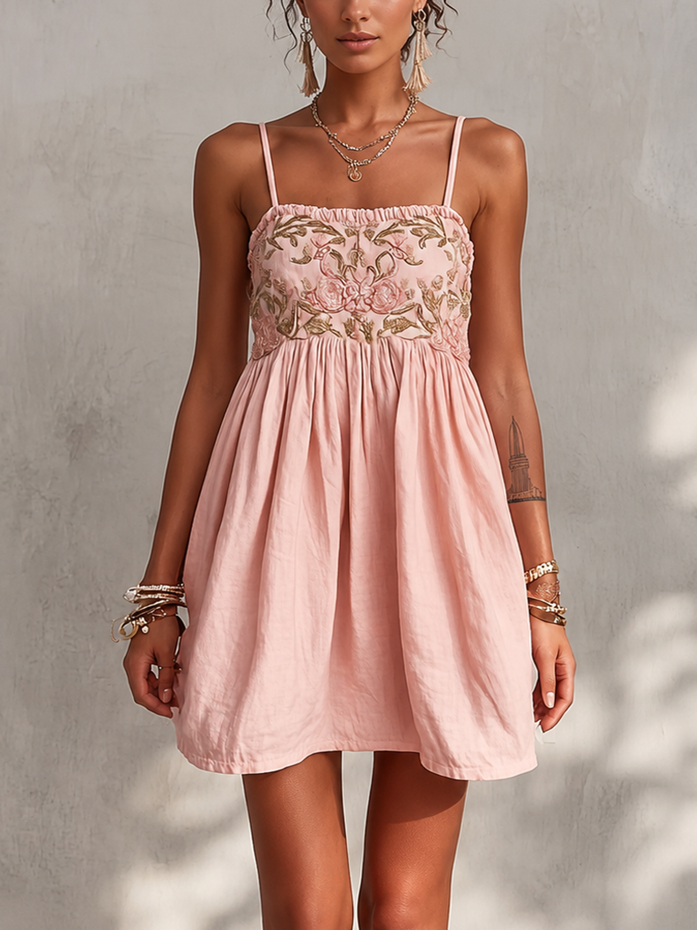 24-Hour-Shipping Pink Vintage Embroidered Linen Cotton Mini Cami Dress