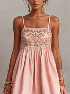 24-Hour-Shipping Pink Vintage Embroidered Linen Cotton Mini Cami Dress