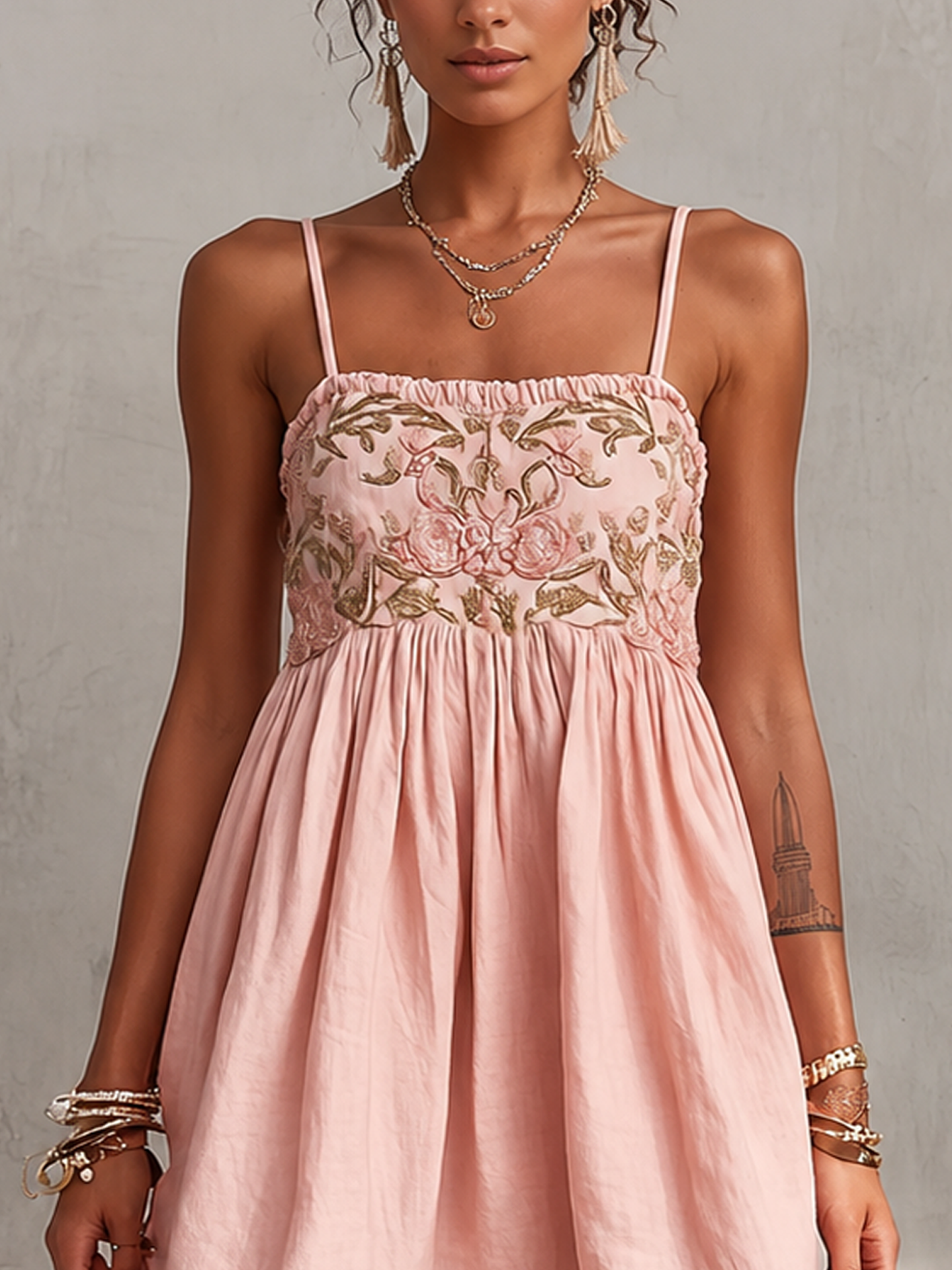 24-Hour-Shipping Pink Vintage Embroidered Linen Cotton Mini Cami Dress
