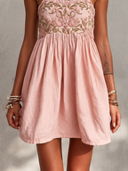 24-Hour-Shipping Pink Vintage Embroidered Linen Cotton Mini Cami Dress