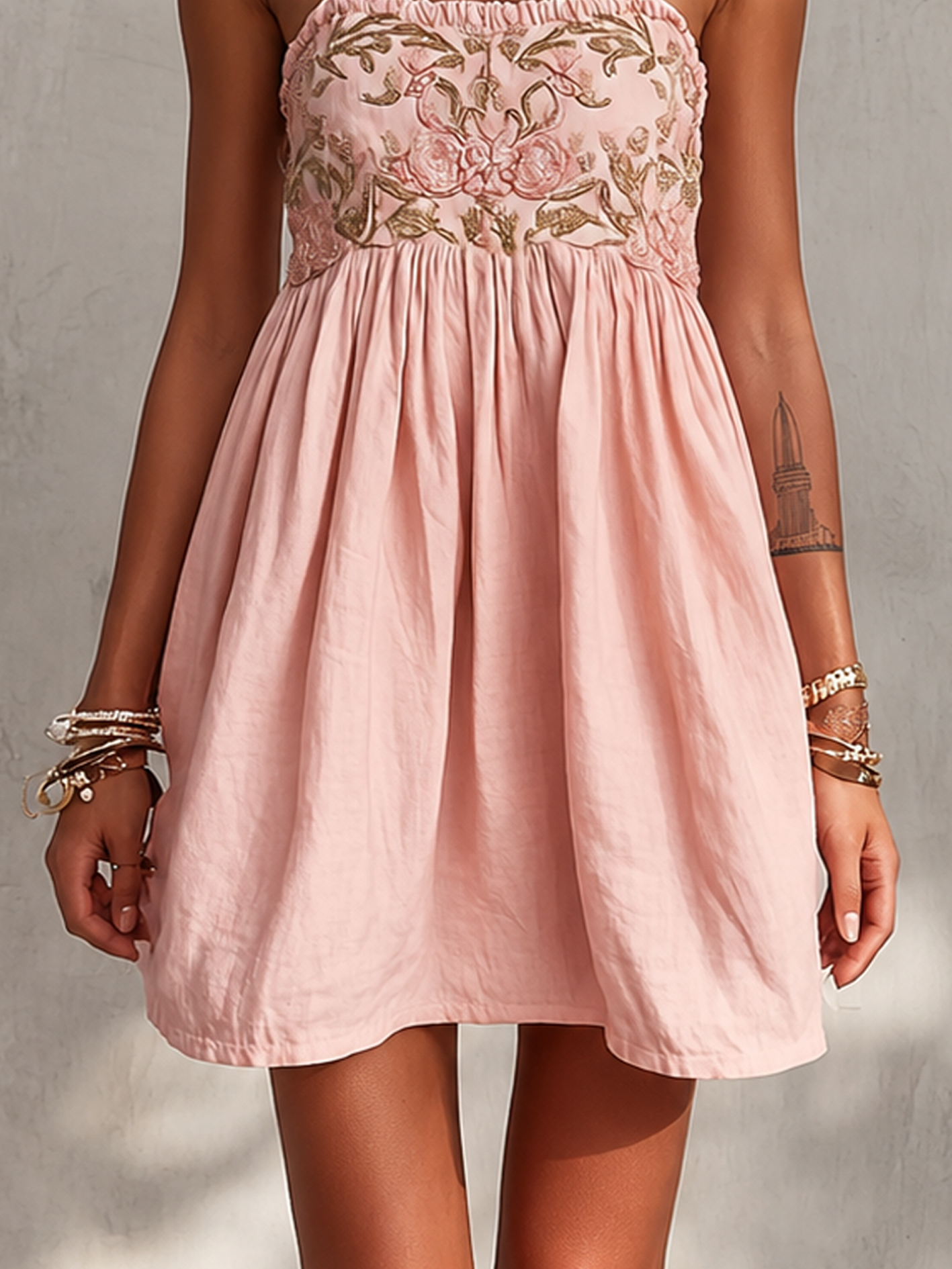24-Hour-Shipping Pink Vintage Embroidered Linen Cotton Mini Cami Dress