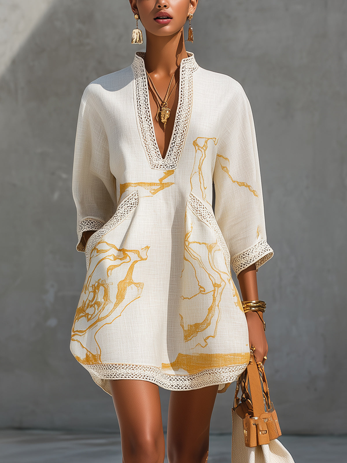 Ivory Gold Print V-Neck Mini Dress With Crochet Trim