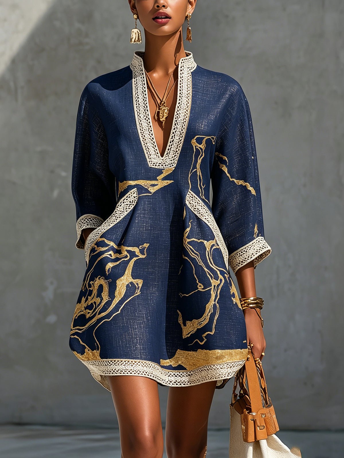 Ivory Gold Print V-Neck Mini Dress With Crochet Trim