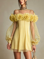 24-Hour-Shipping Yellow 3D Floral Pleated Chiffon Mini Dress