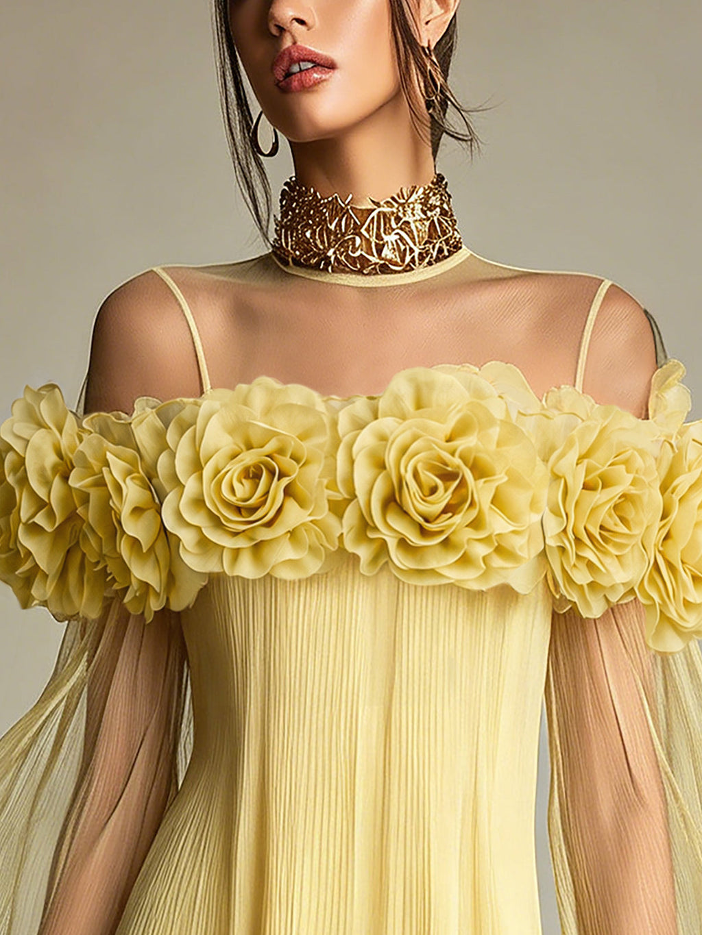 24-Hour-Shipping Yellow 3D Floral Pleated Chiffon Mini Dress