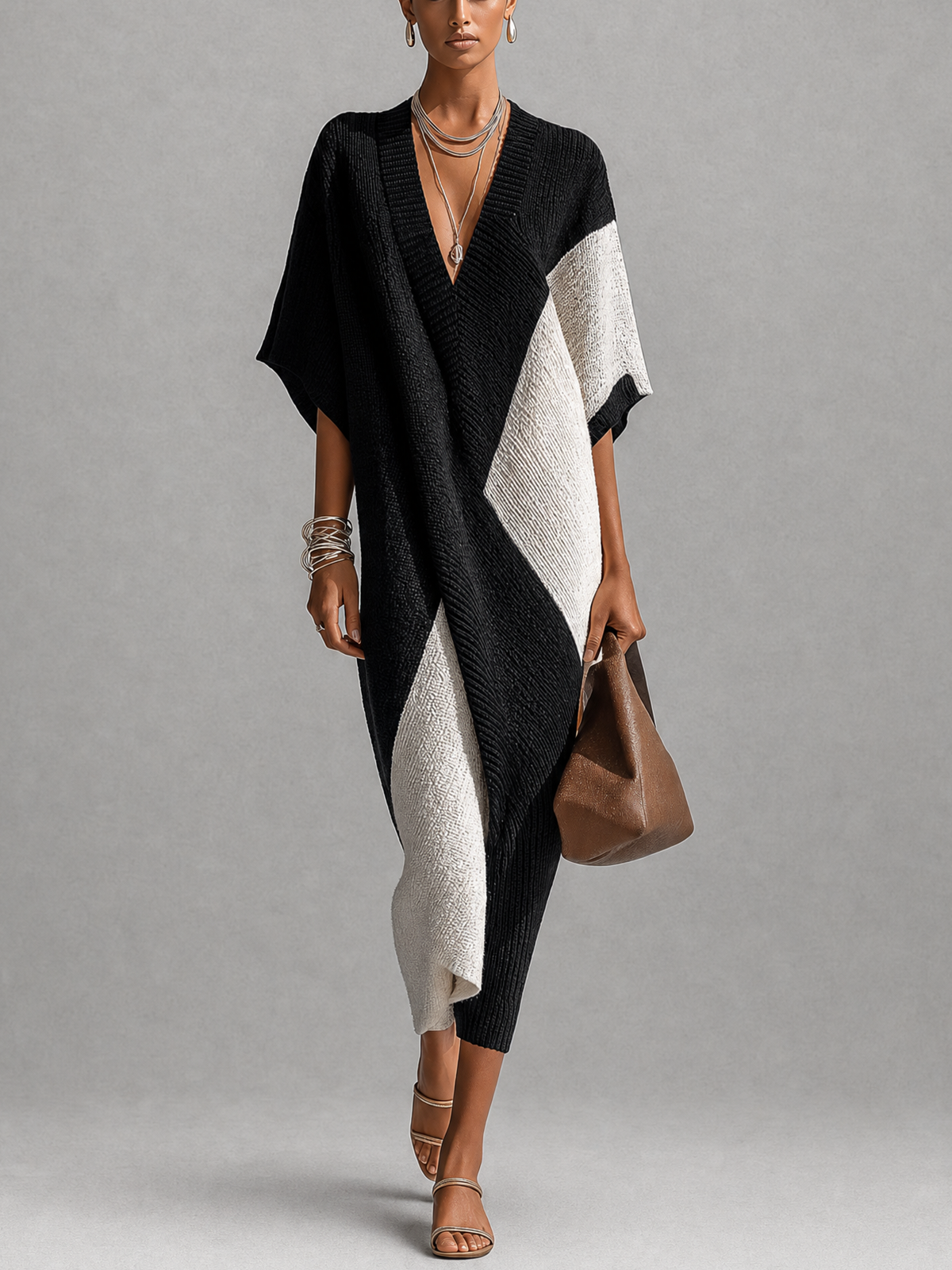 Black And White Textured Colorblock V-Neck Midi Dress