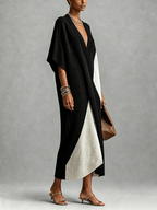 Black And White Textured Colorblock V-Neck Midi Dress